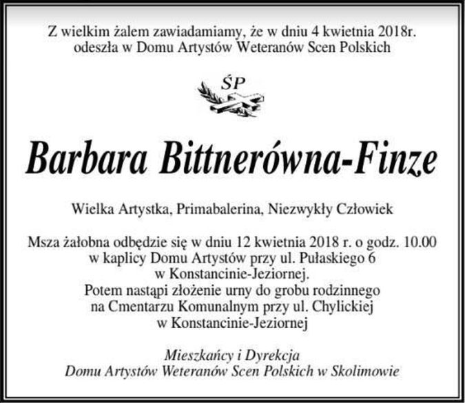 Pogrzeb Barbary Bittnerówny – 12 kwietnia, godz. 10:00
